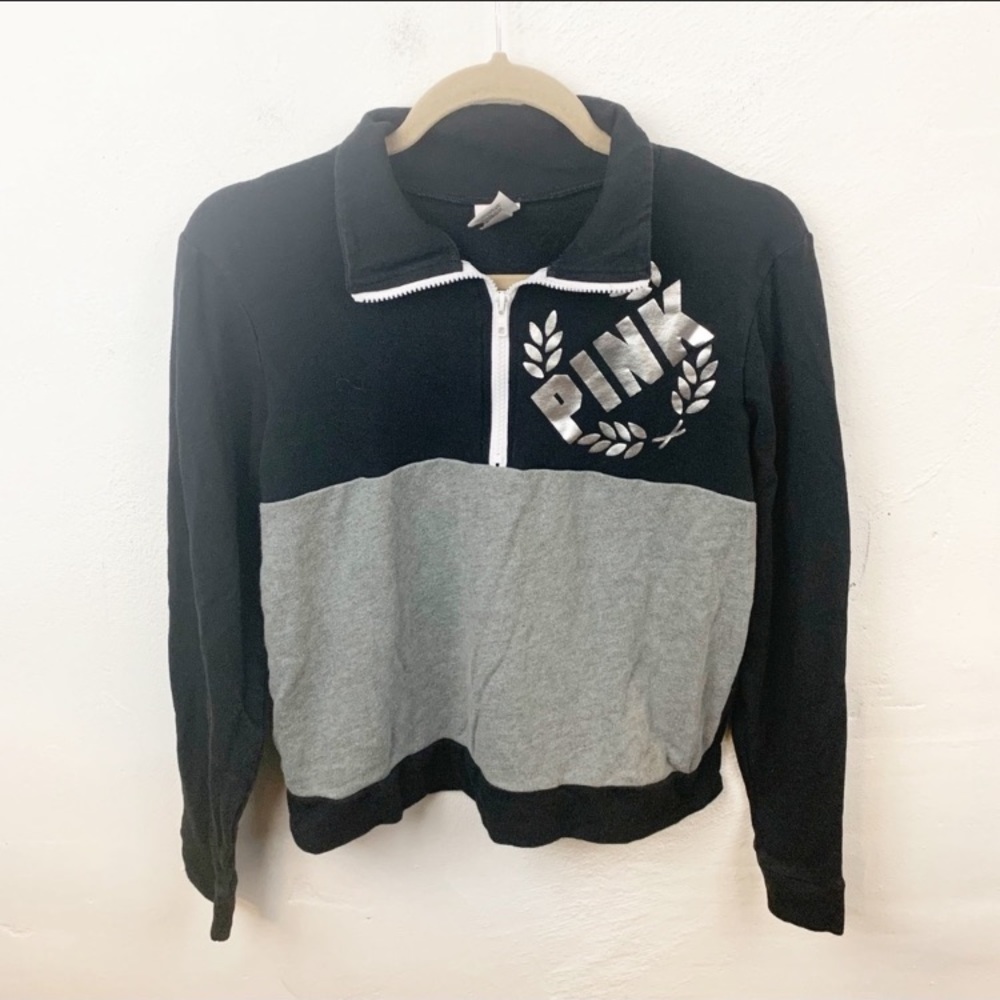 Victoria’s Secret Pink Small‎ Black Grey Colorblock Half Zip Sweatshirt